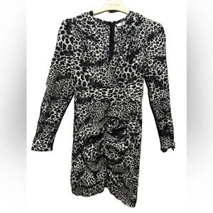 Vintage Gray V-Neck Ruched Leopard Print Dress Sz Small